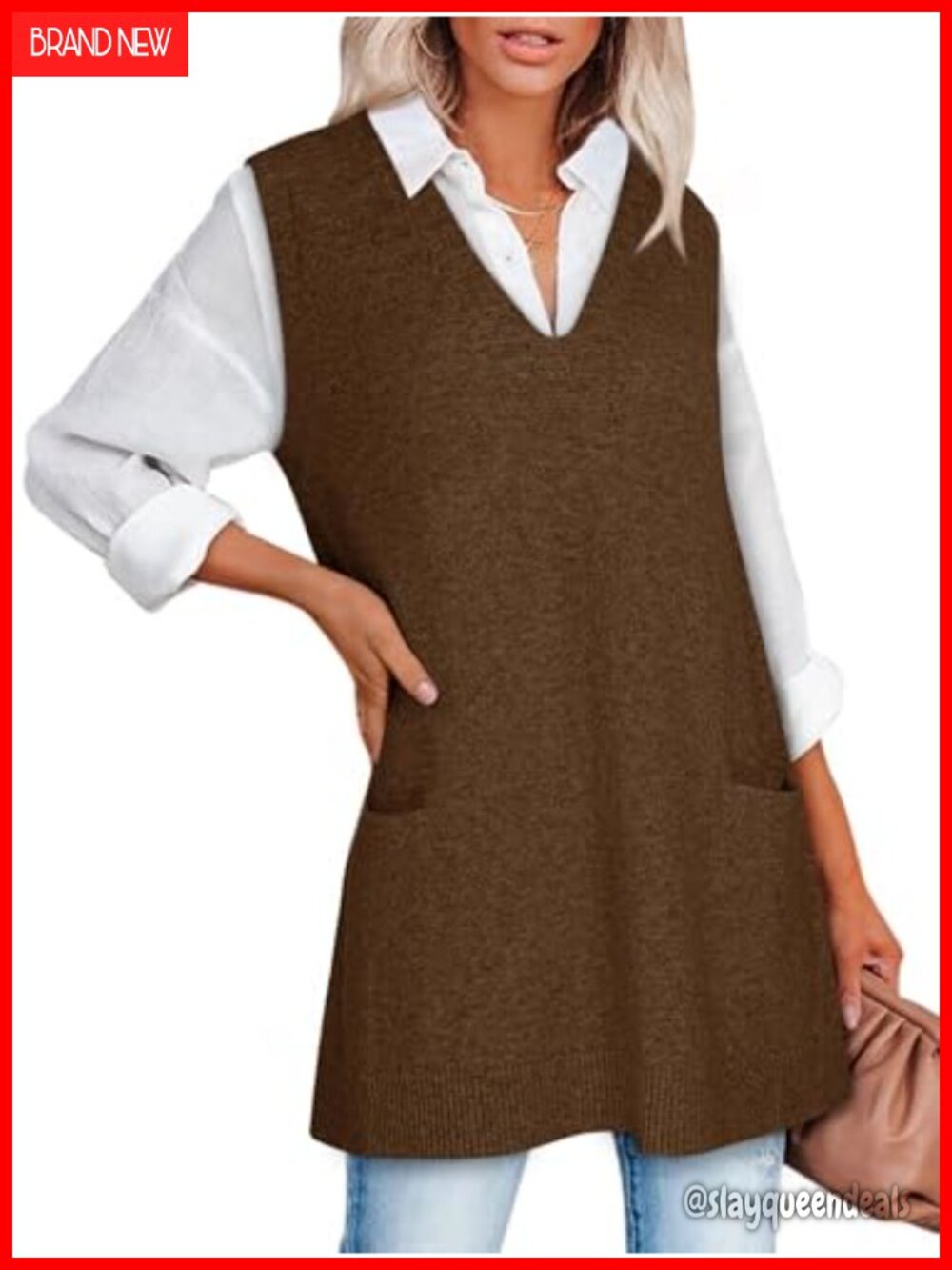 Womens Oversized Sweater Vest Sleeveless V Neck Tunic Mini Dress with Pockets